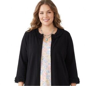Black Zip Up Cardigan With Decor Neckline